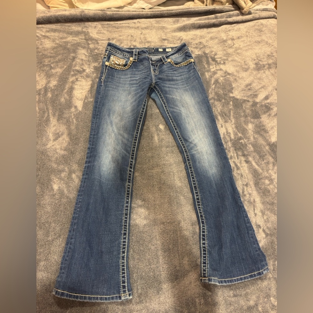 Miss Me Blue Flare Jeans with Embellished Pockets